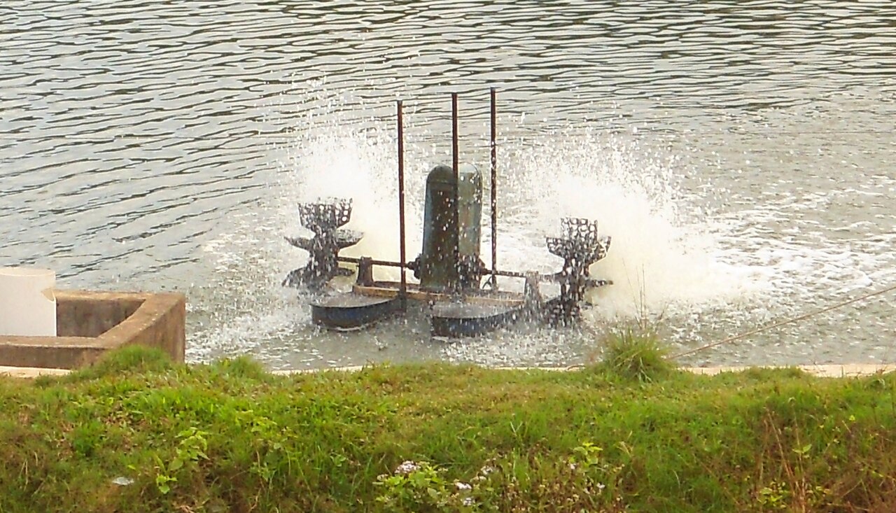 Aerator kolam budidaya sedang bekerja mengaduk permukaan air