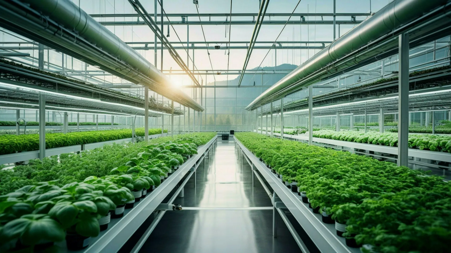 Bagian dalam greenhouse Cirebon Smart Farm dengan barisan tanaman hidroponik